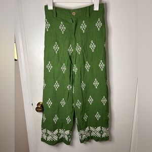 HAUTE HIPPIE GREEN LINEN EMBROIDERED WIDE LEG PANTS SZ 8